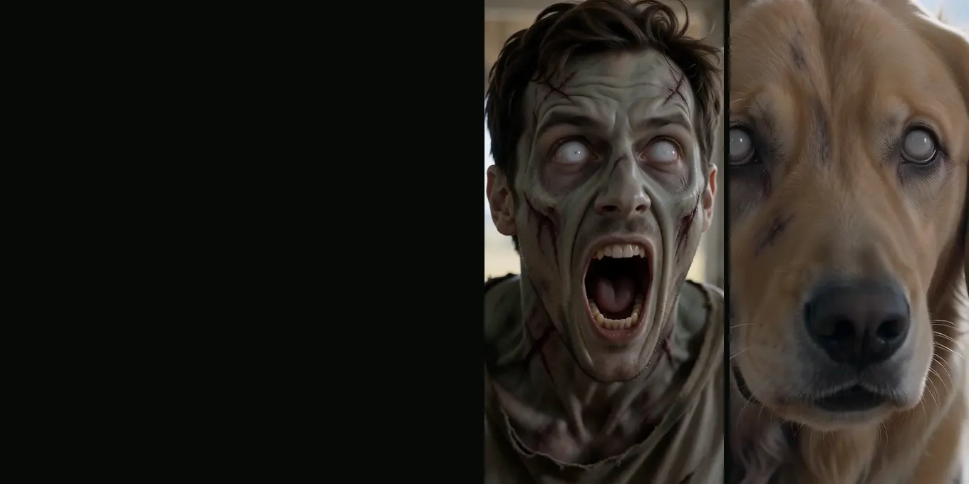 Un zombie de ojos blancos con la boca abierta y un golden retriever zombie de ojos lechosos, de nuestros renders de prueba