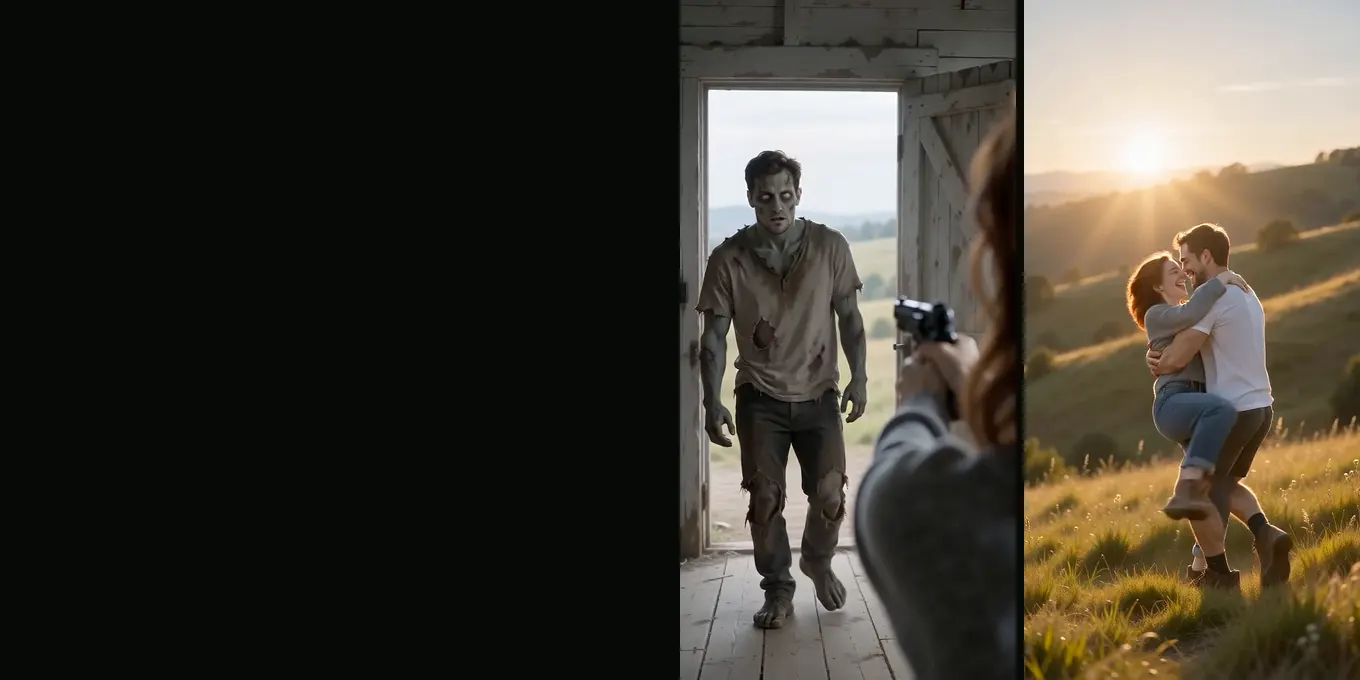 Dos fotogramas de nuestro render de prueba: el zombie en la puerta de la granja y la pareja abrazada en el prado