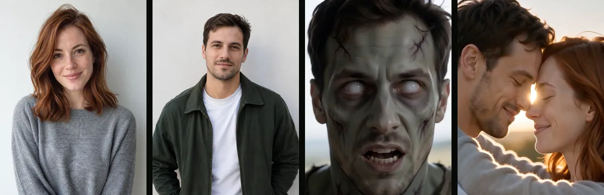 The two photos we uploaded (left: holds the gun, right: turned), then the man from the right photo as the zombie in shot 3 and in the meadow in shot 7. 9:16 render, 9 October 2026.