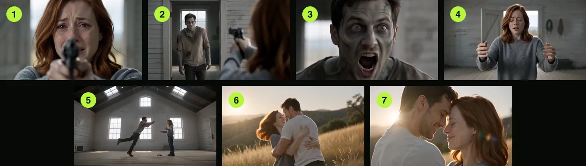 The seven shots in order, from our 16:9 render of 9 October 2026 (Seedance 2.0 Mini, 480p).