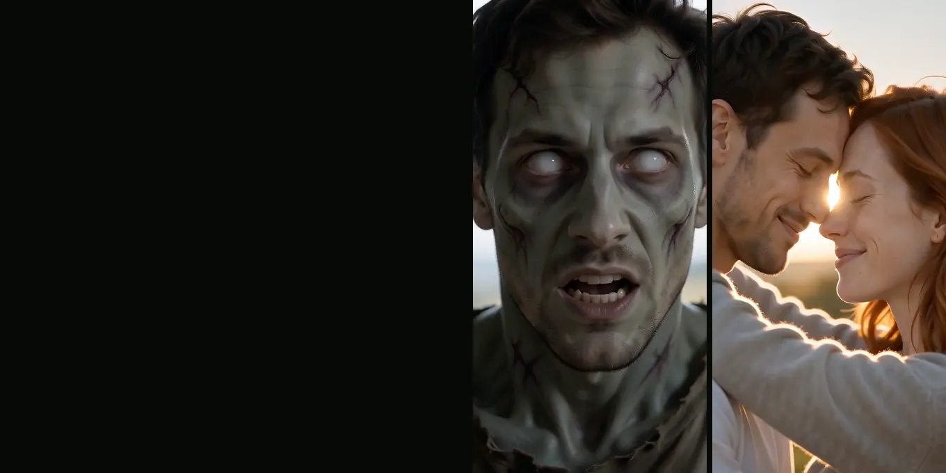 El hombre de nuestro render de prueba como zombie de ojos blancos, y la pareja frente con frente al sol
