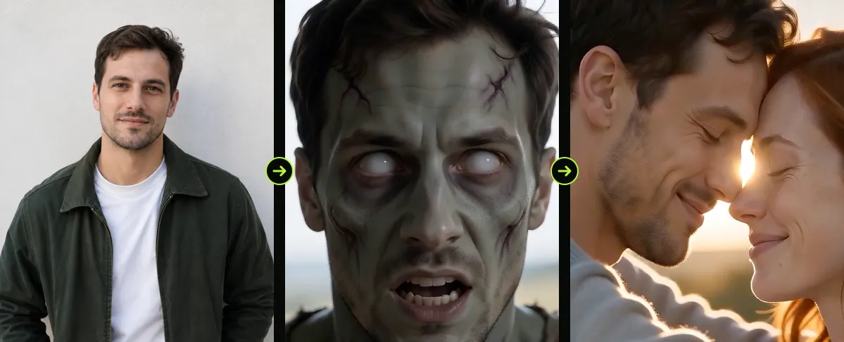 One face three ways: the photo we uploaded, the same man as the zombie in shot 3, and in the memory in shot 7. 9:16 render, 9 October 2026.