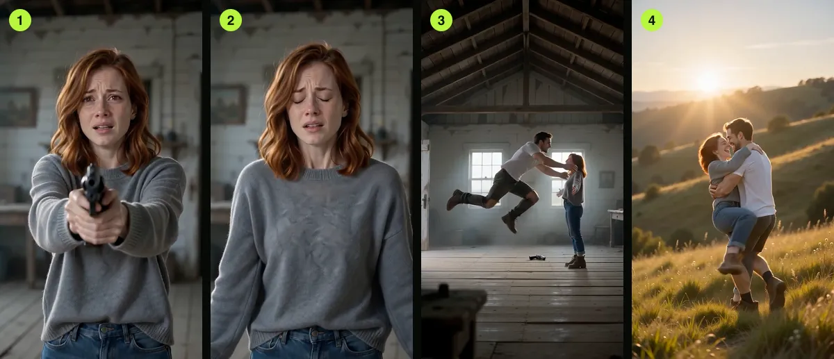 The choice, in our 9:16 render of 9 October 2026: the gun raised (1), hands empty and arms opening (2), the leap (3), the memory (4).