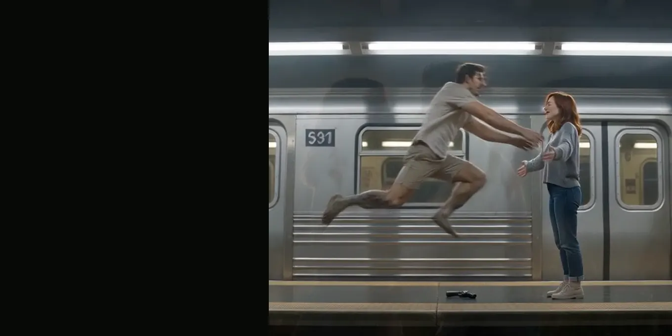 El salto en el andén del metro justo cuando se funde con el prado soleado