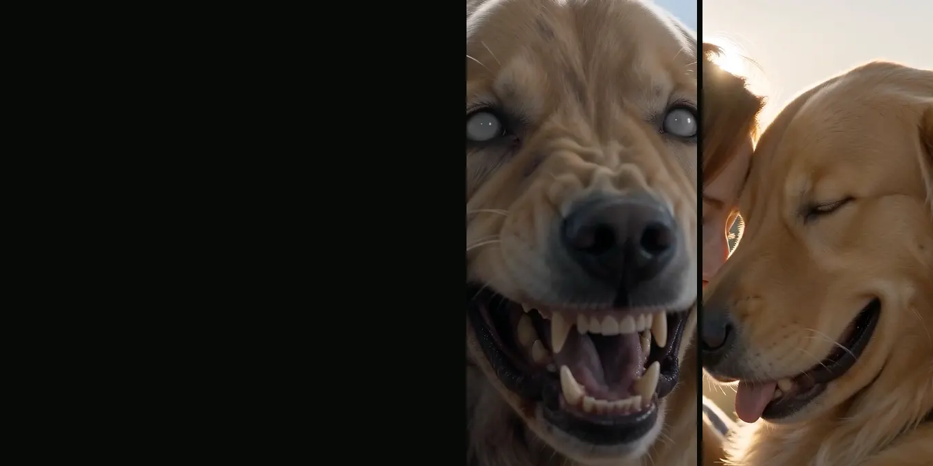 Nuestro golden retriever creado con IA como zombie de ojos lechosos, y de nuevo sano en un abrazo