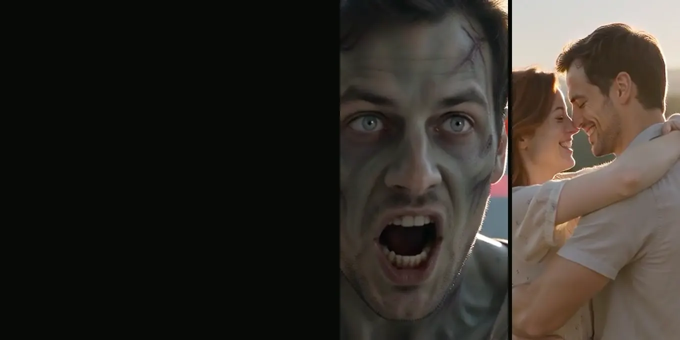 El primer plano del zombie en el centro comercial vacío y el abrazo en el prado, de nuestro render