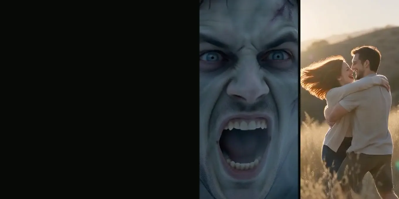 El primer plano del zombie en la nieve y el abrazo en el prado, del render Ventisca