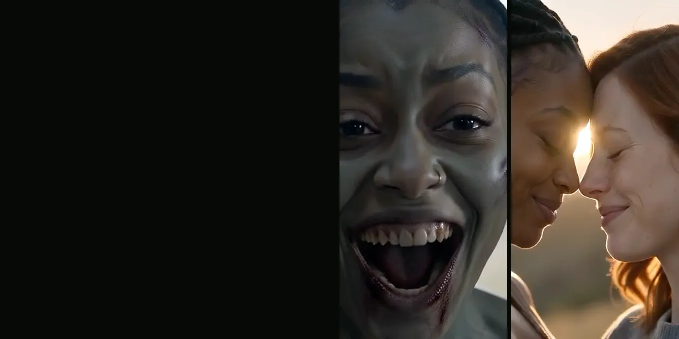 Una amiga de trenzas largas convertida en zombie y luego frente con frente con su amiga en el prado